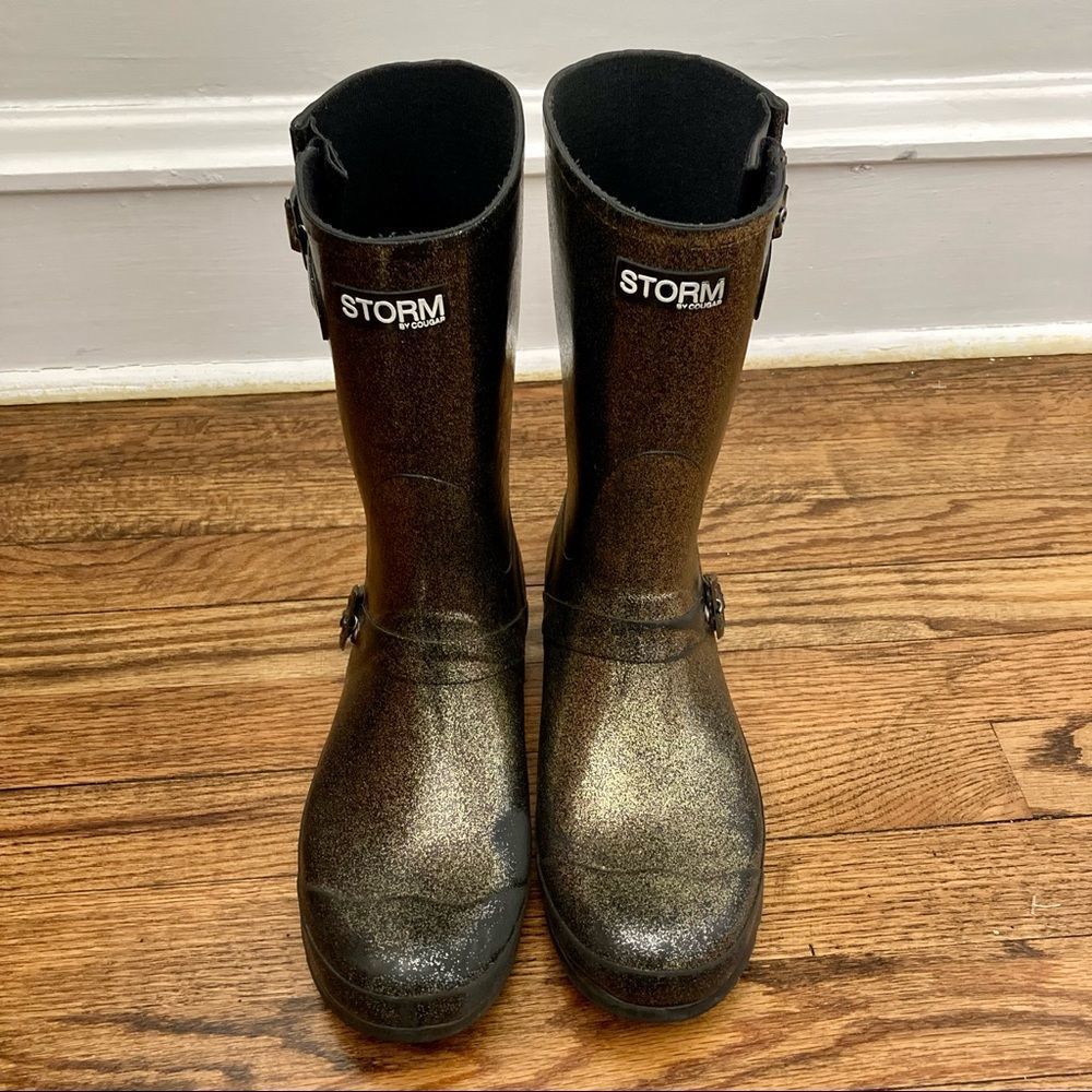 Storm By Cougar Black with Gold Shimmer Waterproof Rainboots Size 10